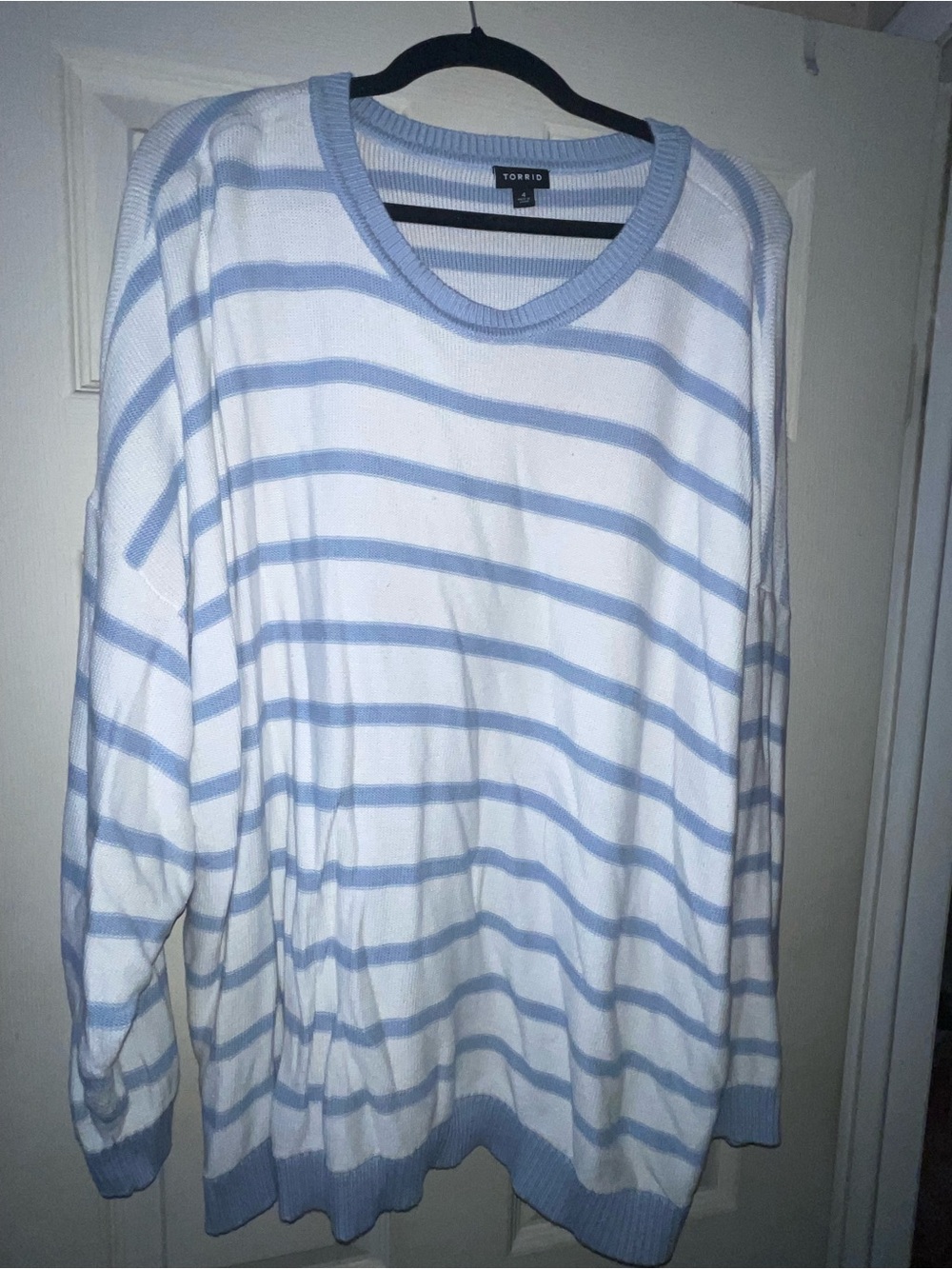 torrid women’s White and Light Blue Striped Crewneck Sweater